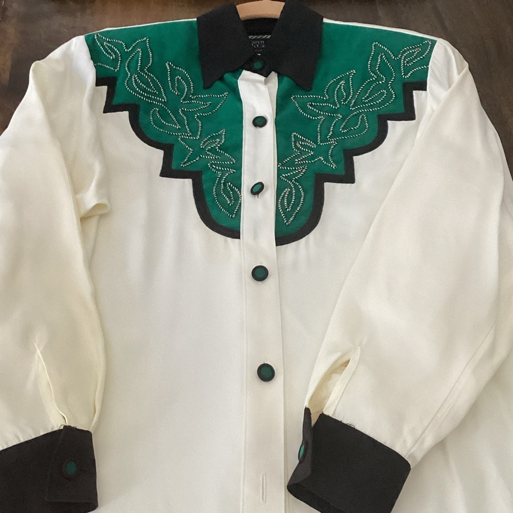 Women's Ivory Button-Down Shirt with Green Yoke and Black Trim